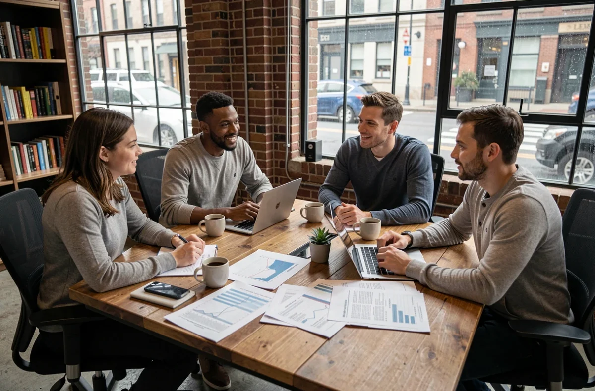 Équipe de projet multiculturelle en pleine collaboration autour d'une table de travail, illustrant l'importance des compétences interpersonnelles et des soft skills dans la gestion de projet