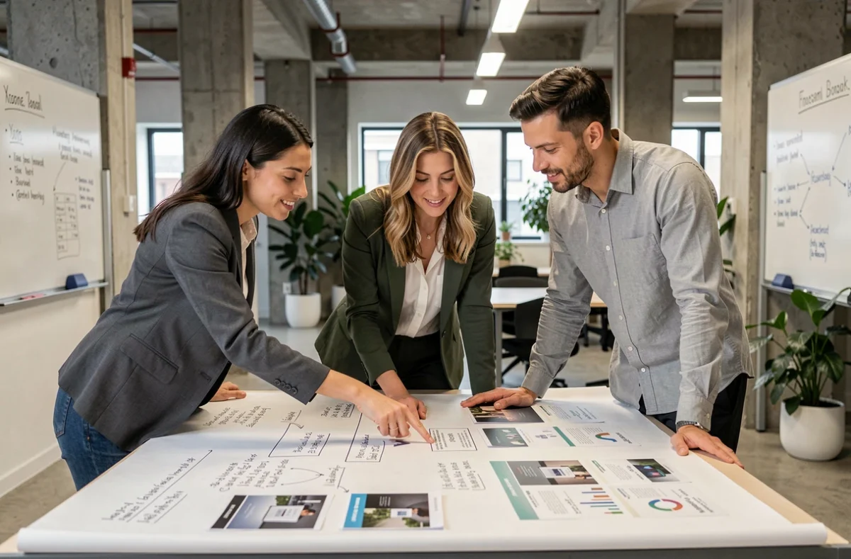 Équipe de collègues collaborant sur la structure d'une présentation autour d'un storyboard imprimé