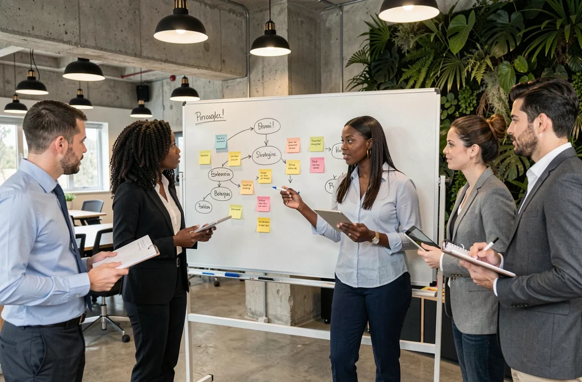 Équipe de professionnels collaborant autour d'un tableau blanc stratégique, illustrant les différents niveaux de leadership organisationnel