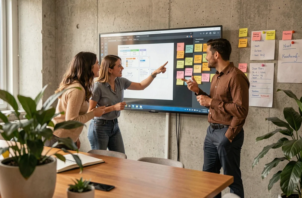 Équipe créative en réunion autour d'un storyboard vidéo affiché sur grand écran dans une agence de communication moderne