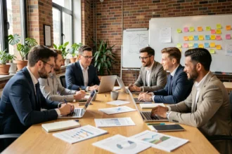 Équipe de professionnels participant à un atelier de formation continue autour d'une table de conférence en bois dans un bureau moderne