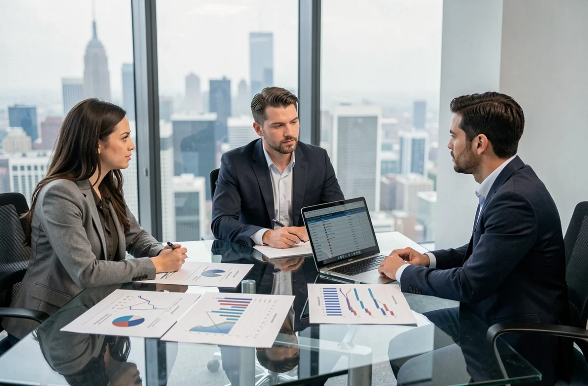 Équipe de professionnels discutant de fiscalité d'entreprise autour d'une table de réunion avec graphiques financiers