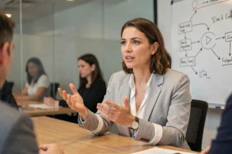 Femme professionnelle expliquant les étapes d'un processus de communication lors d'une réunion en entreprise