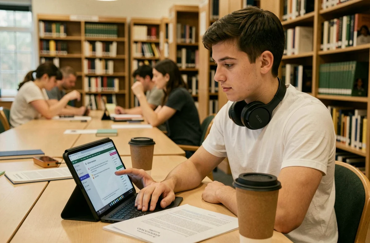 Étudiant consultant des cours en ligne sur tablette dans une bibliothèque universitaire dans le cadre d'un apprentissage hybride