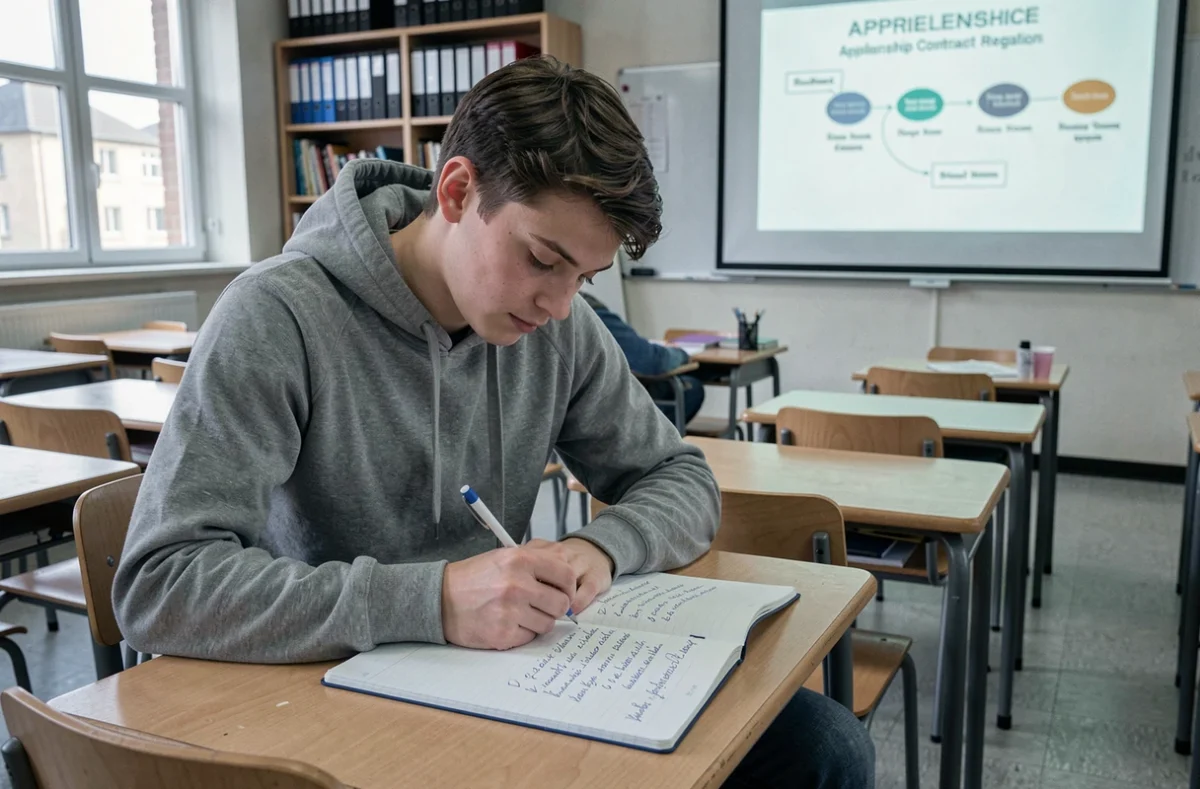 Étudiant en apprentissage prenant des notes sur les nouvelles réglementations du contrat d'apprentissage dans une salle de classe de lycée professionnel