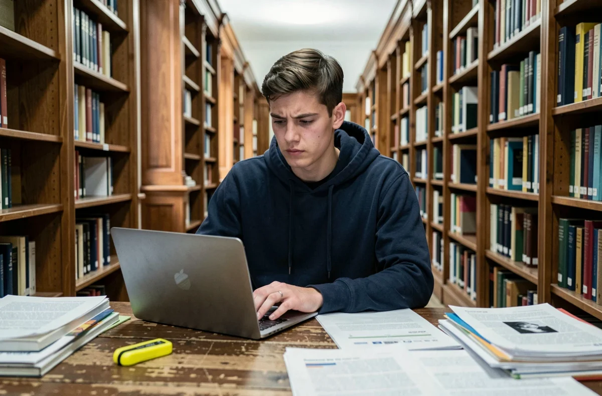 Étudiant en bibliothèque rédigeant l'introduction d'un développement sur son ordinateur portable