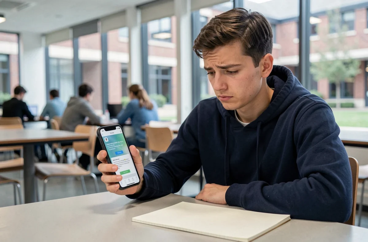 Étudiant consultant une réponse générée par IA sur son téléphone avec un carnet vierge devant lui, symbolisant la dépendance aux outils d'intelligence artificielle