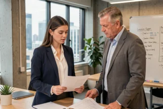 Étudiante en alternance travaillant avec son tuteur en entreprise dans un bureau moderne