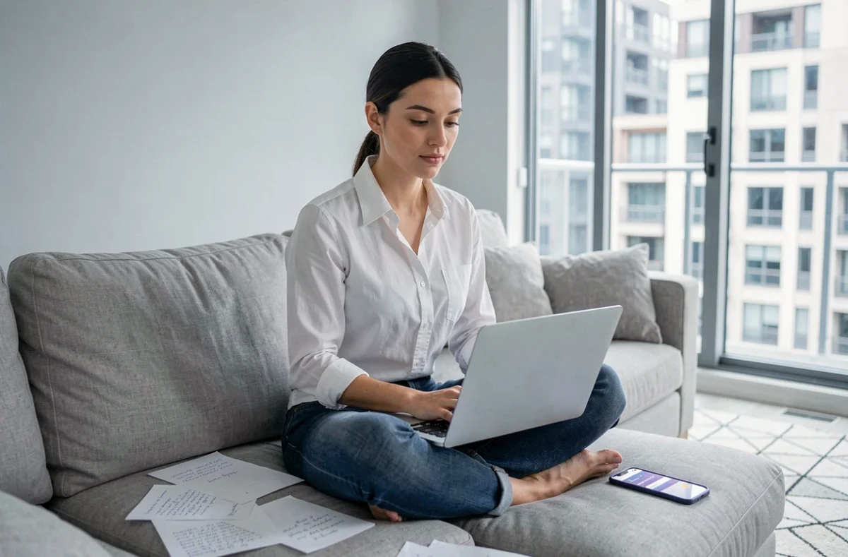 Jeune femme étudiant en ligne sur un canapé dans un appartement moderne, matériaux de cours autour d'elle