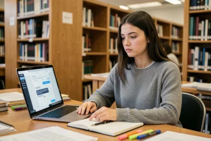 Étudiante universitaire fixant un écran d'IA dans une bibliothèque, illustrant l'impact de l'intelligence artificielle sur la concentration et la pensée critique