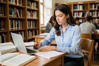 Jeune étudiante révisant pour l'obtention rapide d'une licence universitaire dans une bibliothèque