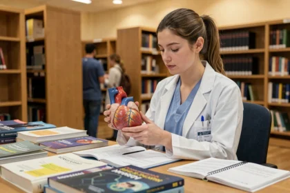 Étudiante en cursus paramédical BSc qui étudie l'anatomie avec un modèle cardiaque dans une bibliothèque universitaire