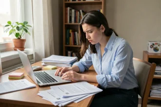 Étudiante sans stage cherchant des alternatives professionnelles à son bureau avec des CV et un ordinateur portable