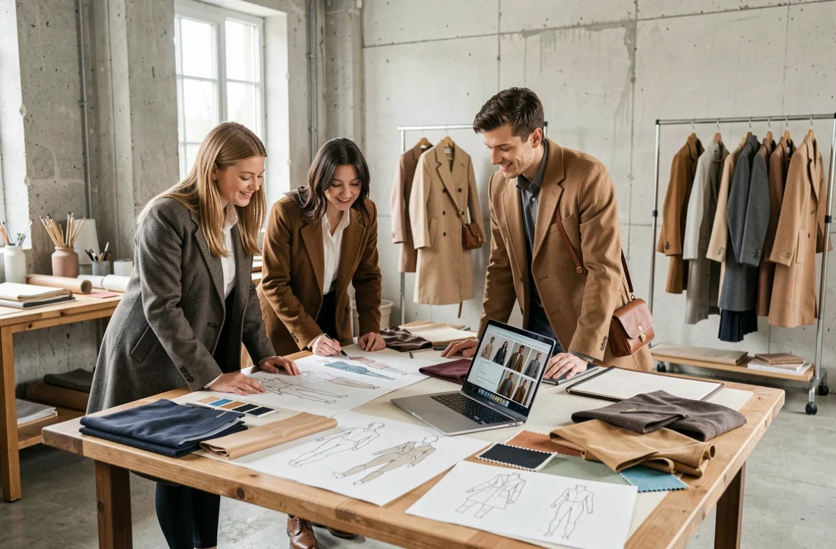Étudiants en mode travaillant sur des croquis de mode et des échantillons de tissus dans un studio de design professionnel
