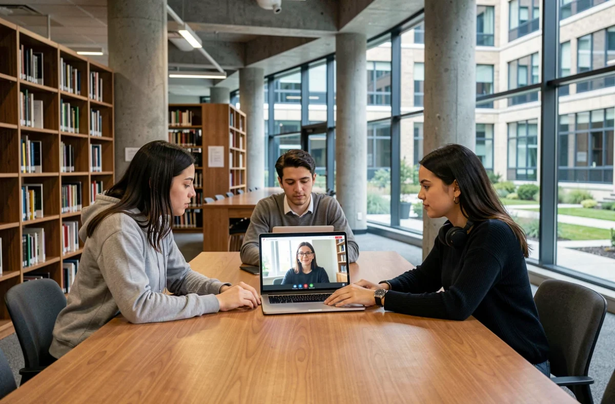 Groupe d'étudiants collaborant autour d'un ordinateur portable lors d'une session de visioconférence dans une bibliothèque universitaire moderne