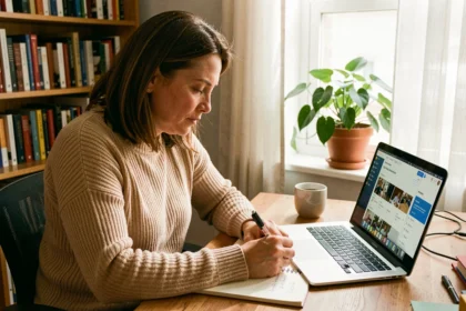 Une femme adulte suit un cours universitaire en ligne depuis son bureau à domicile, prenant des notes sur un cahier devant son ordinateur portable