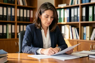 Femme cadre consultant des documents de validation des acquis de l'expérience dans un bureau professionnel