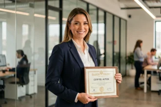 Femme professionnelle tenant un diplôme de certification dans un bureau moderne, symbolisant la valorisation des compétences sur le marché de l'emploi