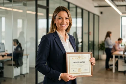 Femme professionnelle tenant un diplôme de certification dans un bureau moderne, symbolisant la valorisation des compétences sur le marché de l'emploi