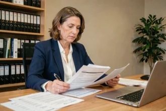 Femme comptable examinant des documents fiscaux dans un bureau moderne, illustrant le concept de fiscalité