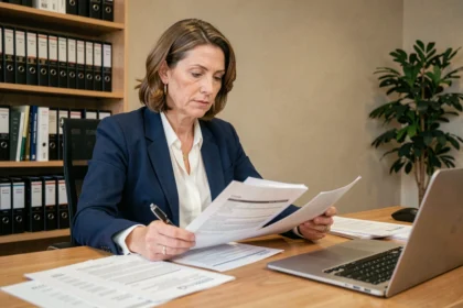 Femme comptable examinant des documents fiscaux dans un bureau moderne, illustrant le concept de fiscalité