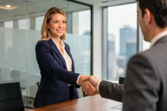 Femme professionnelle qui conclut un entretien d'embauche avec une poignée de main confiante dans une salle de réunion moderne