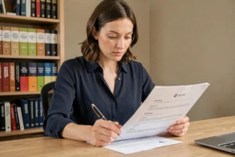 Femme relisant son CV en annotant les niveaux de langue à un bureau en bois dans un bureau à domicile moderne