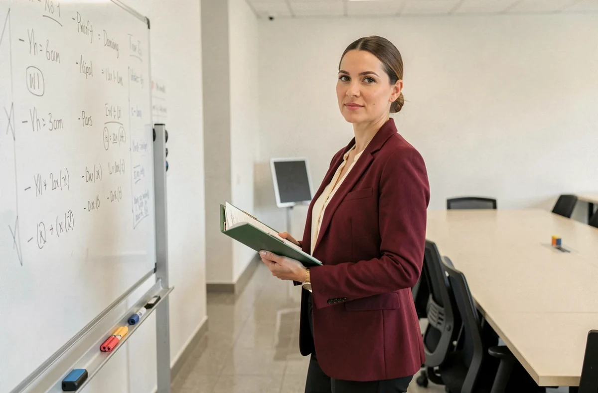 Femme cadre qui rassemble ses affaires après une présentation en entretien dans une salle de conférence institutionnelle