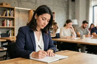 Femme professionnelle prenant des notes lors d'une formation courte dans un espace de coworking moderne