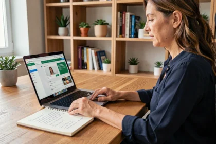 Femme en télétravail consultant son compte CPF sur un ordinateur portable dans un bureau à domicile moderne