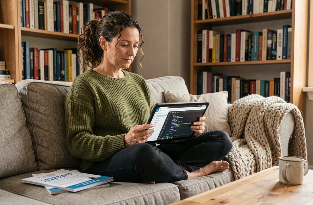 Femme de 40 ans en reconversion professionnelle suivant une formation en ligne sur tablette depuis son domicile avec un guide de carrière