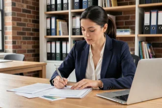 Femme professionnelle étudiant des supports de formation spécialisée dans un espace de coworking moderne