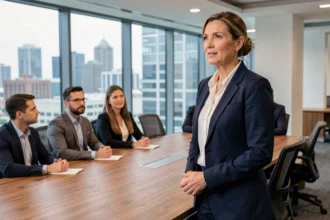 Femme manager dirigeant une réunion d'équipe en salle de conférence moderne, illustrant le leadership en entreprise