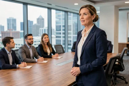 Femme manager dirigeant une réunion d'équipe en salle de conférence moderne, illustrant le leadership en entreprise