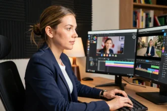 Femme monteuse vidéo concentrée devant un logiciel de montage sur deux écrans dans un studio home office moderne