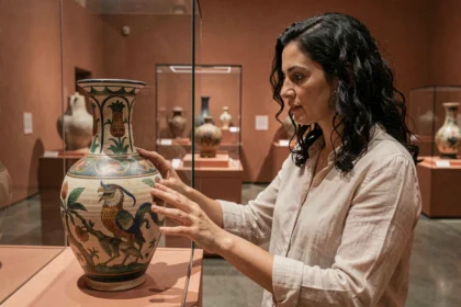 Femme contemplant un artefact culturel dans un musée d'anthropologie, illustrant le lien entre culture et développement humain
