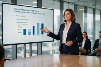Femme professionnelle présentant des diapositives structurées lors d'une réunion en entreprise