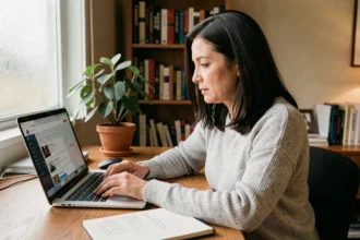 Femme adulte en reconversion professionnelle suivant une formation en ligne depuis son bureau à domicile