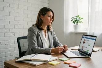 Femme de 38 ans en pleine réflexion sur sa reconversion professionnelle, assise à un bureau avec des notes et un ordinateur portable ouvert