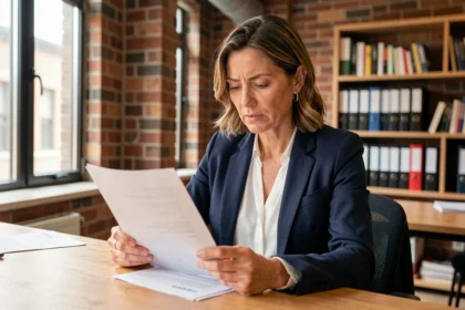 Femme en reconversion professionnelle étudiant des documents de VAE dans un espace de coworking moderne