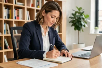 Femme professionnelle écrivant une phrase d'accroche dans un carnet dans un bureau moderne