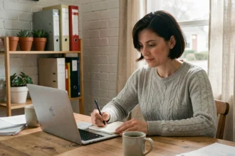 Femme en télétravail concentrée sur son ordinateur portable dans un bureau à domicile moderne et aménagé