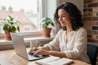 Femme travaillant à distance depuis son bureau à domicile avec un ordinateur portable