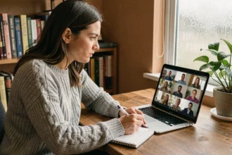Femme concentrée participant à une session de visioconférence depuis son bureau à domicile, illustrant l'apprentissage en ligne