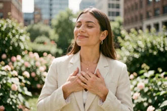 Femme confiante pratiquant la visualisation positive dans un jardin urbain, illustrant la loi d'attraction