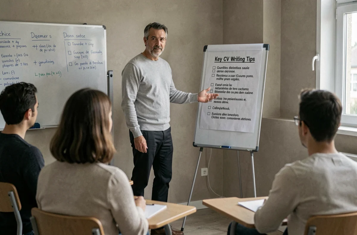 Formateur présentant des conseils de rédaction de CV sur un chevalet lors d'un atelier professionnel