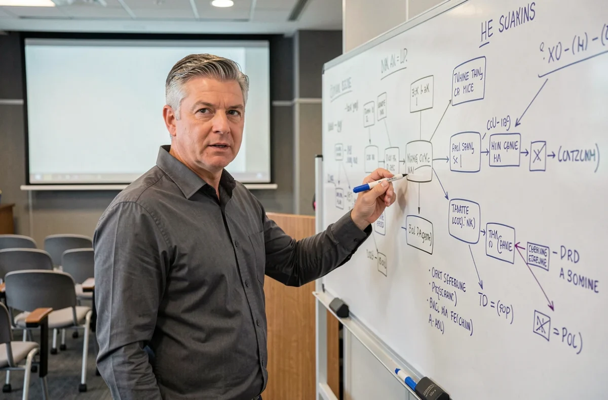 Formateur expert présentant un programme de formation spécialisée devant un tableau blanc dans une salle professionnelle