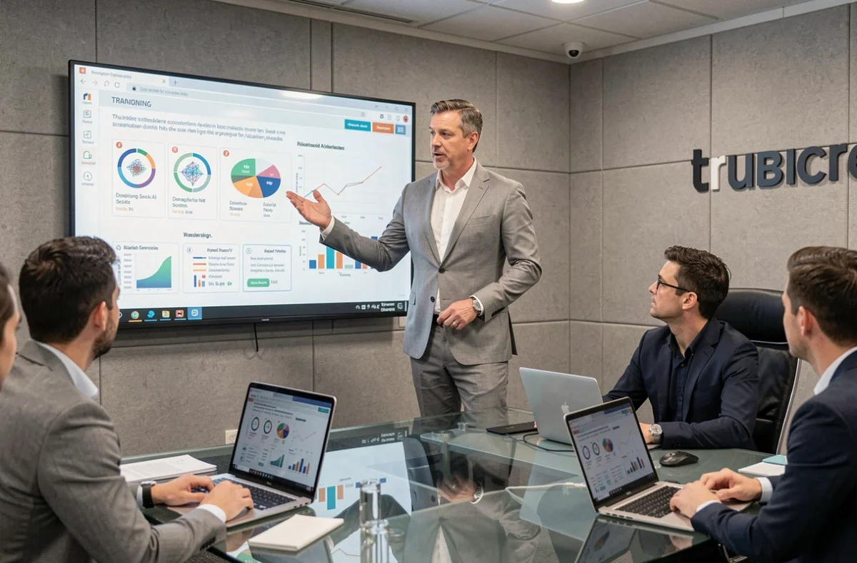 Un formateur en entreprise présentant des modules pédagogiques générés par intelligence artificielle à une équipe lors d'une session de formation en salle de conférence
