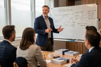 Formateur professionnel devant un tableau blanc animant une session de formation en entreprise