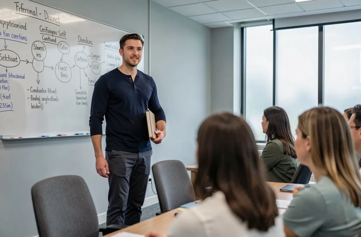 Formateur professionnel animant une session de formation certifiante pour jeunes actifs